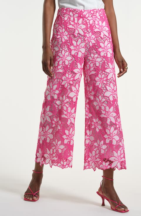 Floral Embroidered Eyelet Crop Wide Leg Pants