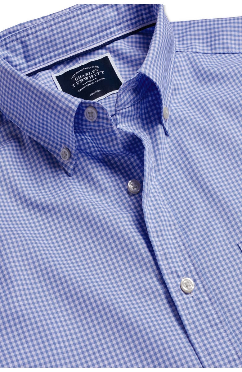 Charles Tyrwhitt Slim Fit Button-Down Collar Non-Iron Stretch Mini Gingham Short Sleeve Shirt, Alternate, color, Ocean Blue