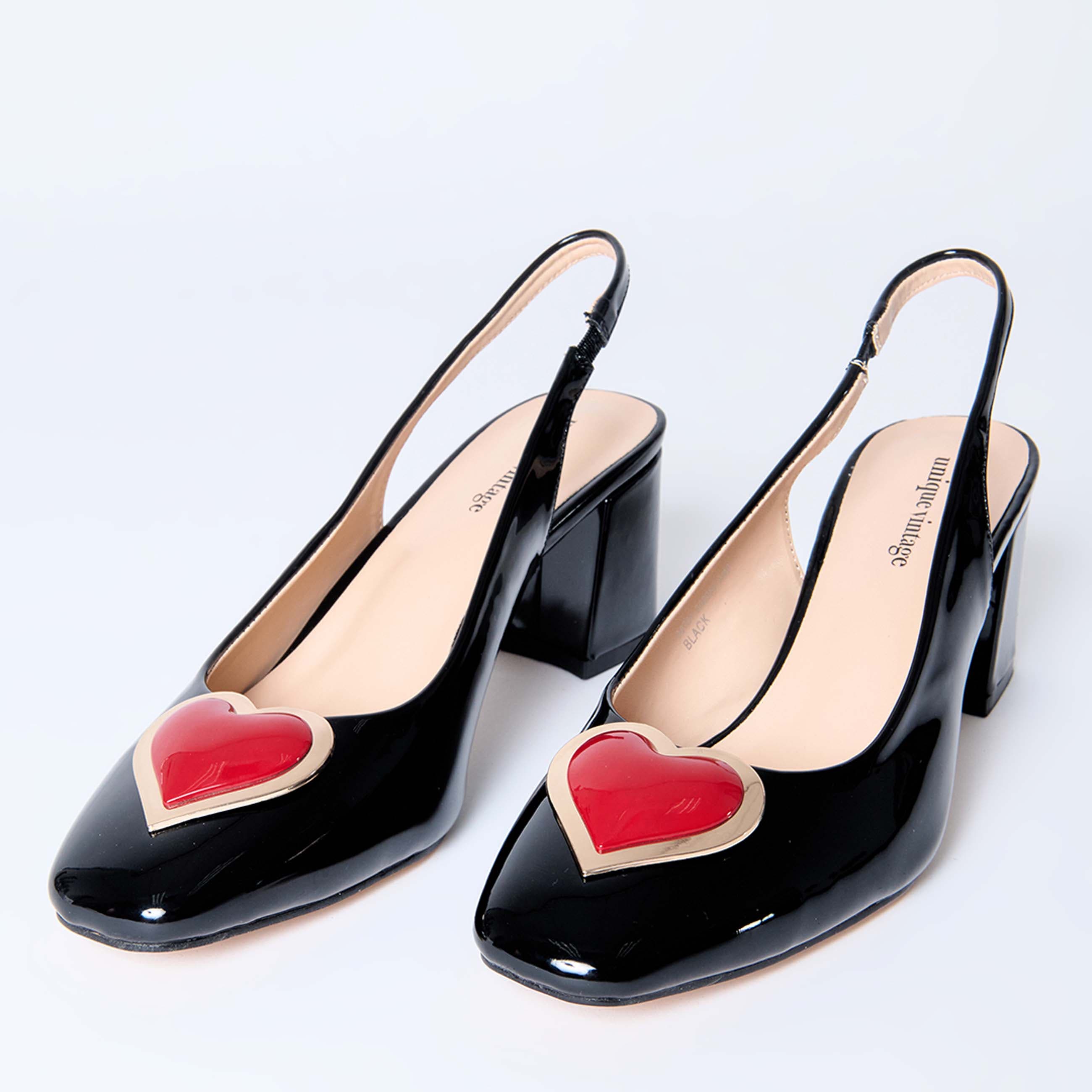 Unique Vintage Heart Leatherette Slingback Heels, Main, color, Patent Black W/ Heart