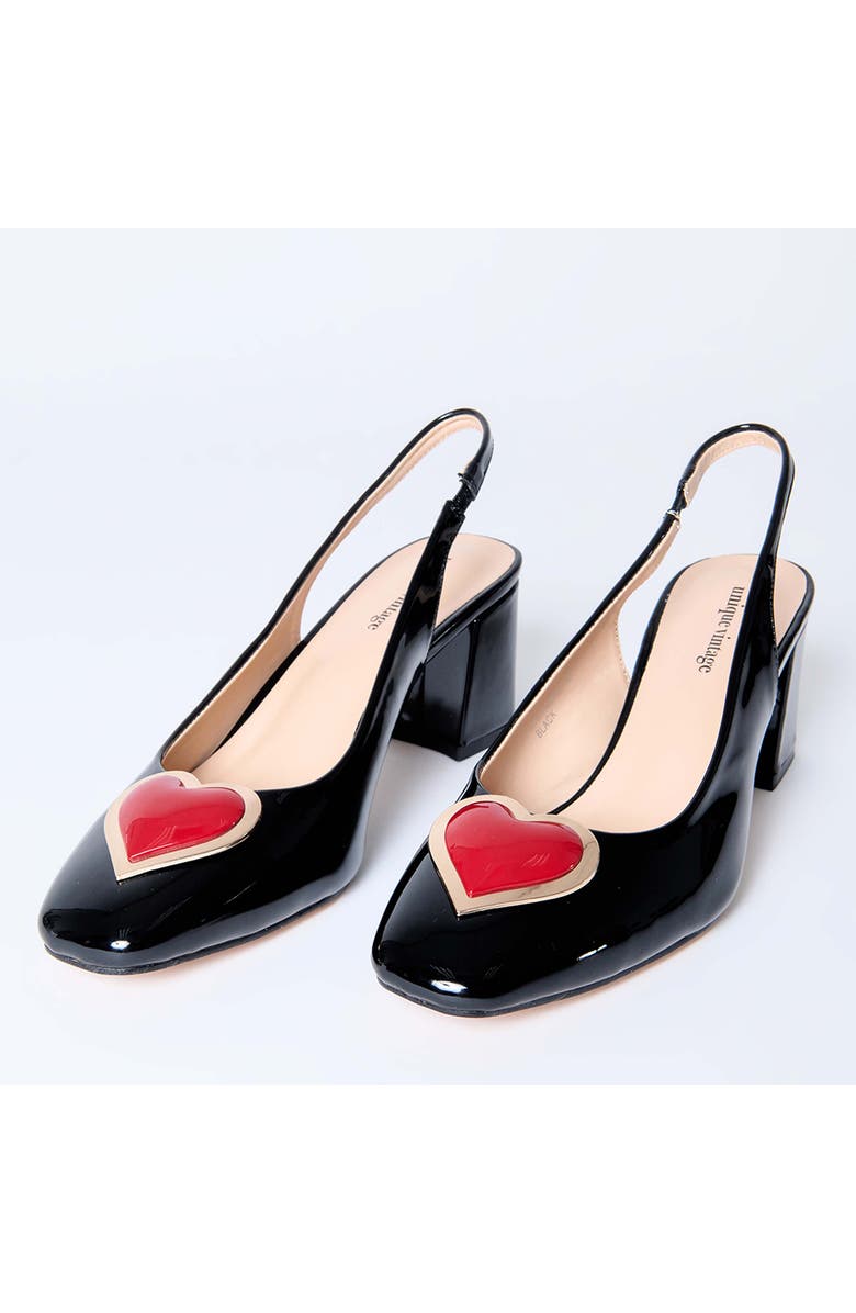 Unique Vintage Heart Leatherette Slingback Heels, Main, color, Patent Black W/ Heart