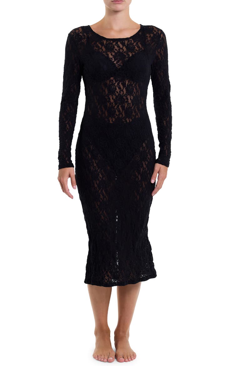 Signature Long Sleeve Sheer Lace Midi Dress, Alternate, color, BLACK