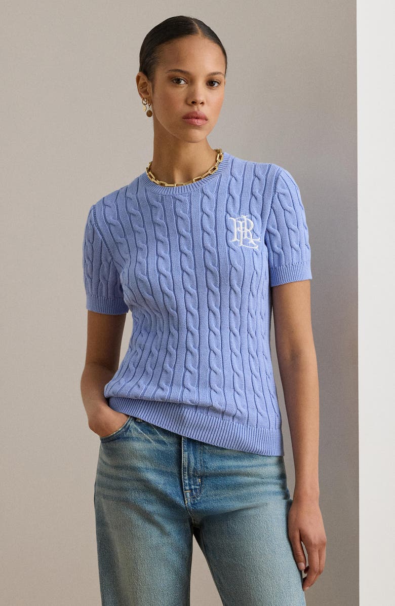 Lauren Ralph Lauren Embroidered Logo Short Sleeve Cable Sweater, Alternate, color, Banker Blue
