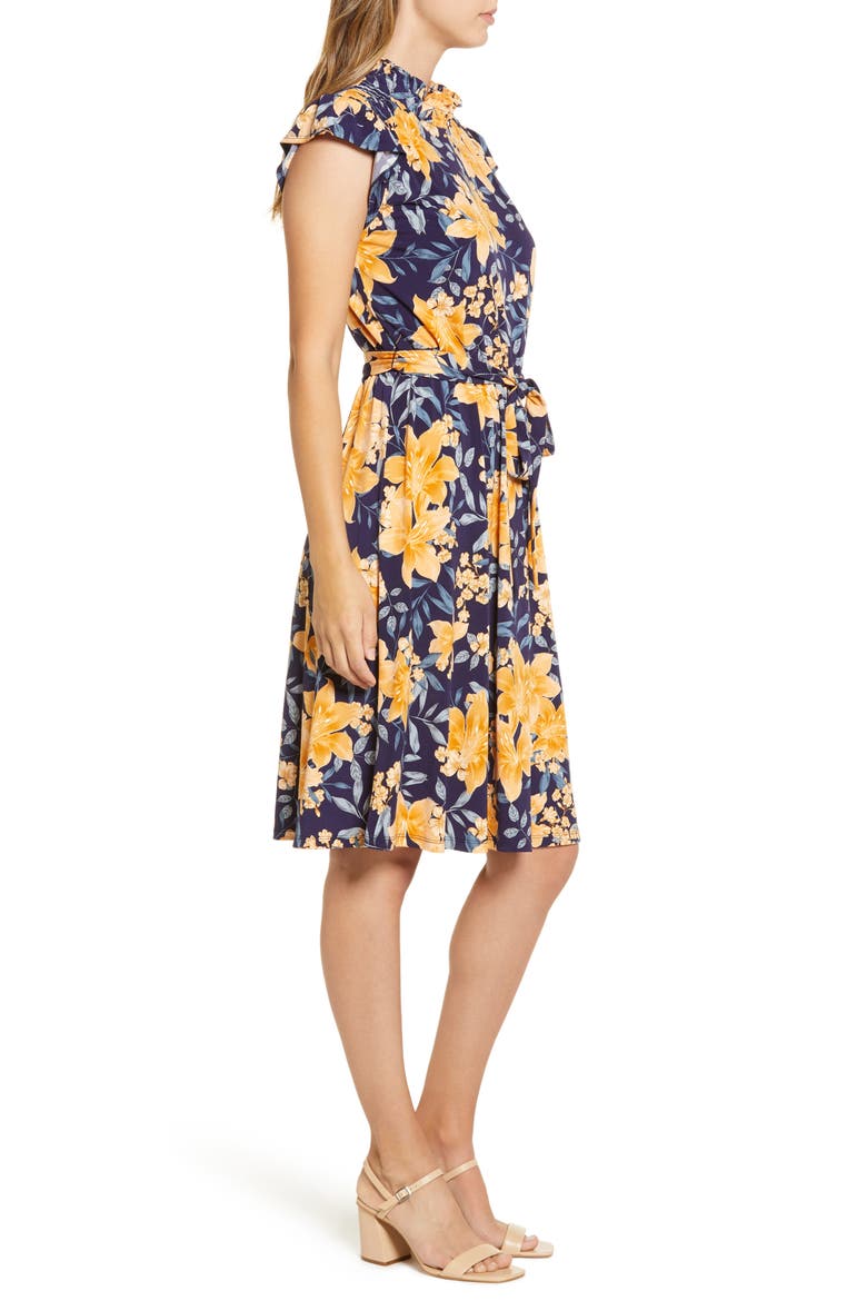 Floral Print Belted A-Line Dress, Alternate, color, NAVY/ GOLDEN YELLOW