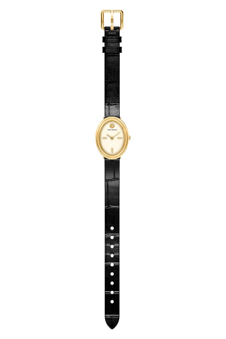 The Oval Leather Strap Watch, 22mm x 28mm, Alternate, color, BLACK/ GOLD
