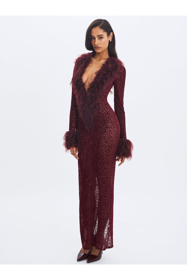 Luana Plunging Fur Trimmed Crochet Maxi Dress, Alternate, color, Burgundy