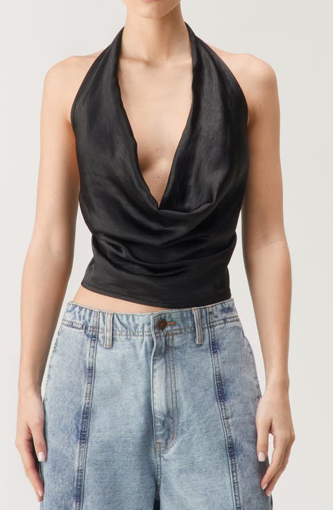 Plunge Cowl Neck Satin Halter Top