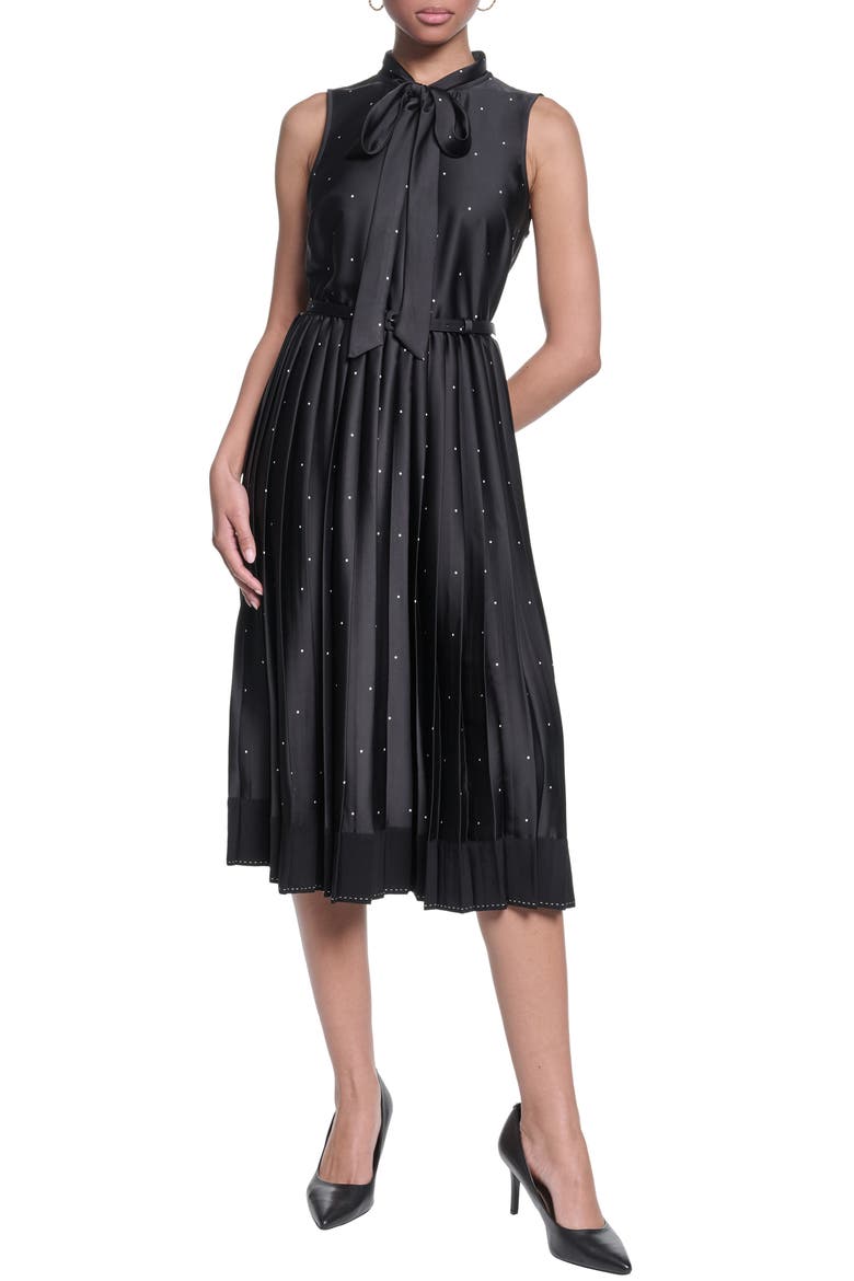 Printed Tie Neck Satin Midi Dress, Main, color, BLACK SOFT WHITE