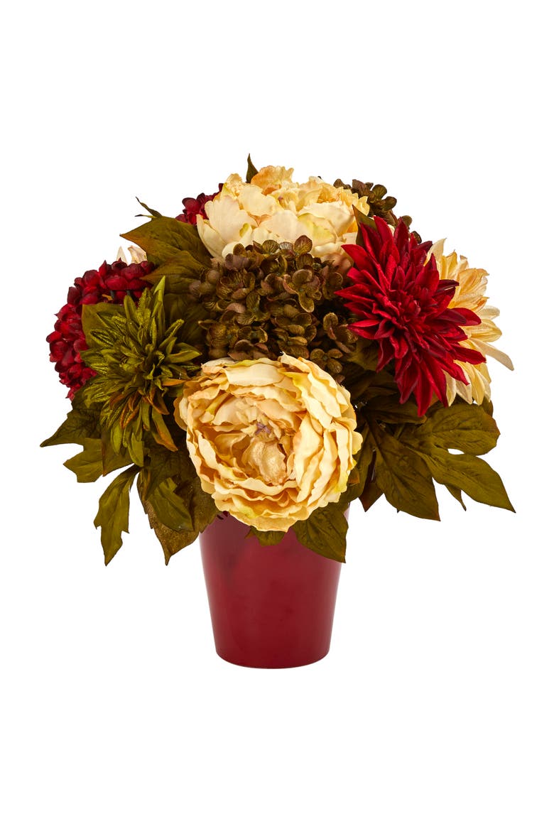 14-in Peony, Hydrangea and Dahlia Artificial Arrangement in Burgundy Vase, Main, color, Red/Cream