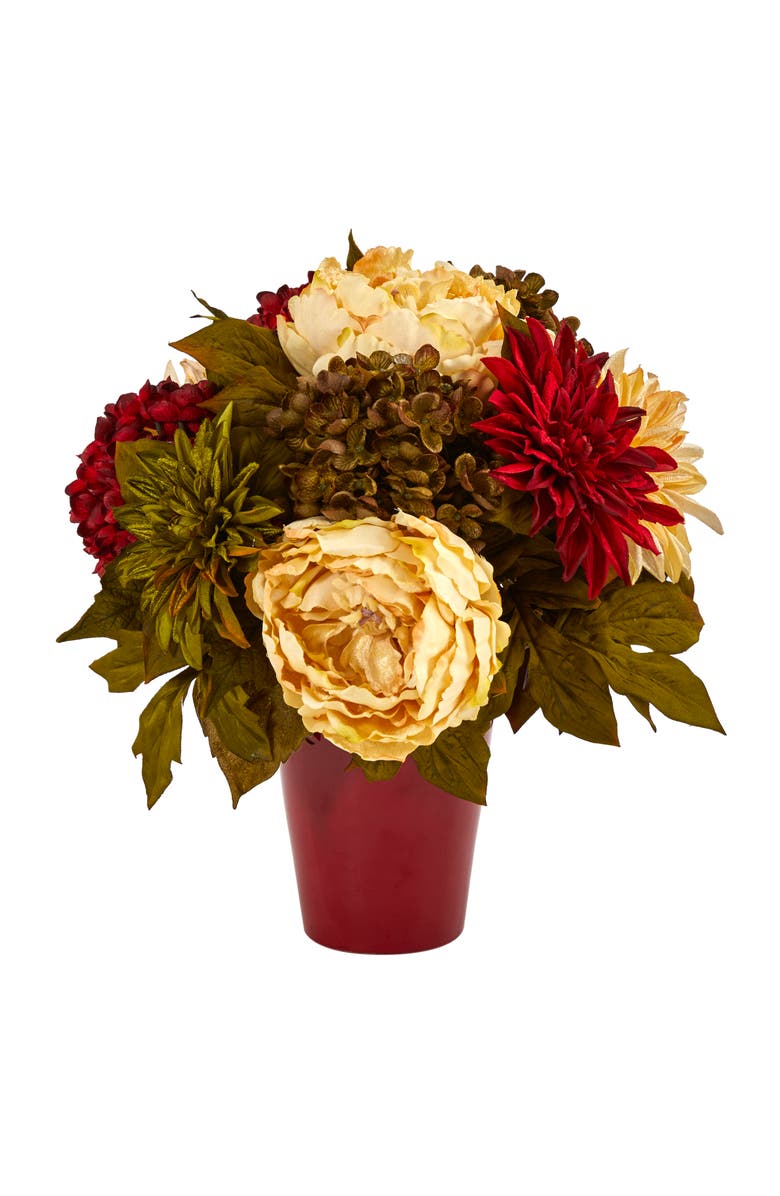 NEARLY NATURAL 14-in Peony, Hydrangea and Dahlia Artificial Arrangement in Burgundy Vase, Main, color, Red/Cream