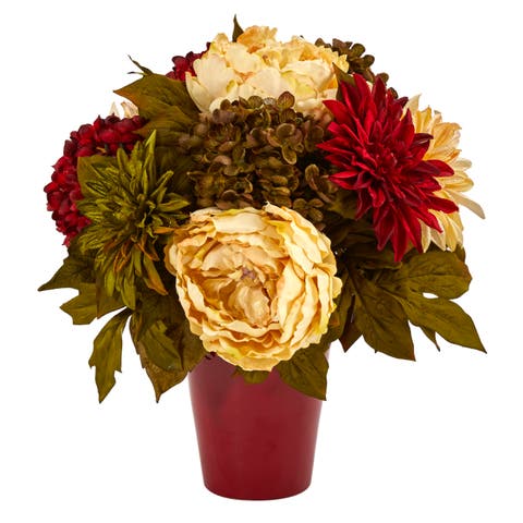 14-in Peony, Hydrangea and Dahlia Artificial Arrangement in Burgundy Vase