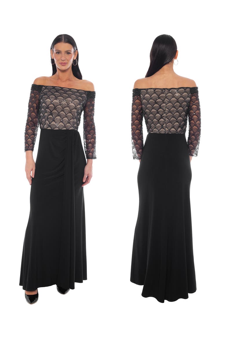 Off the Shoulder Beaded Gown, Alternate, color, BLACK/ NUDE