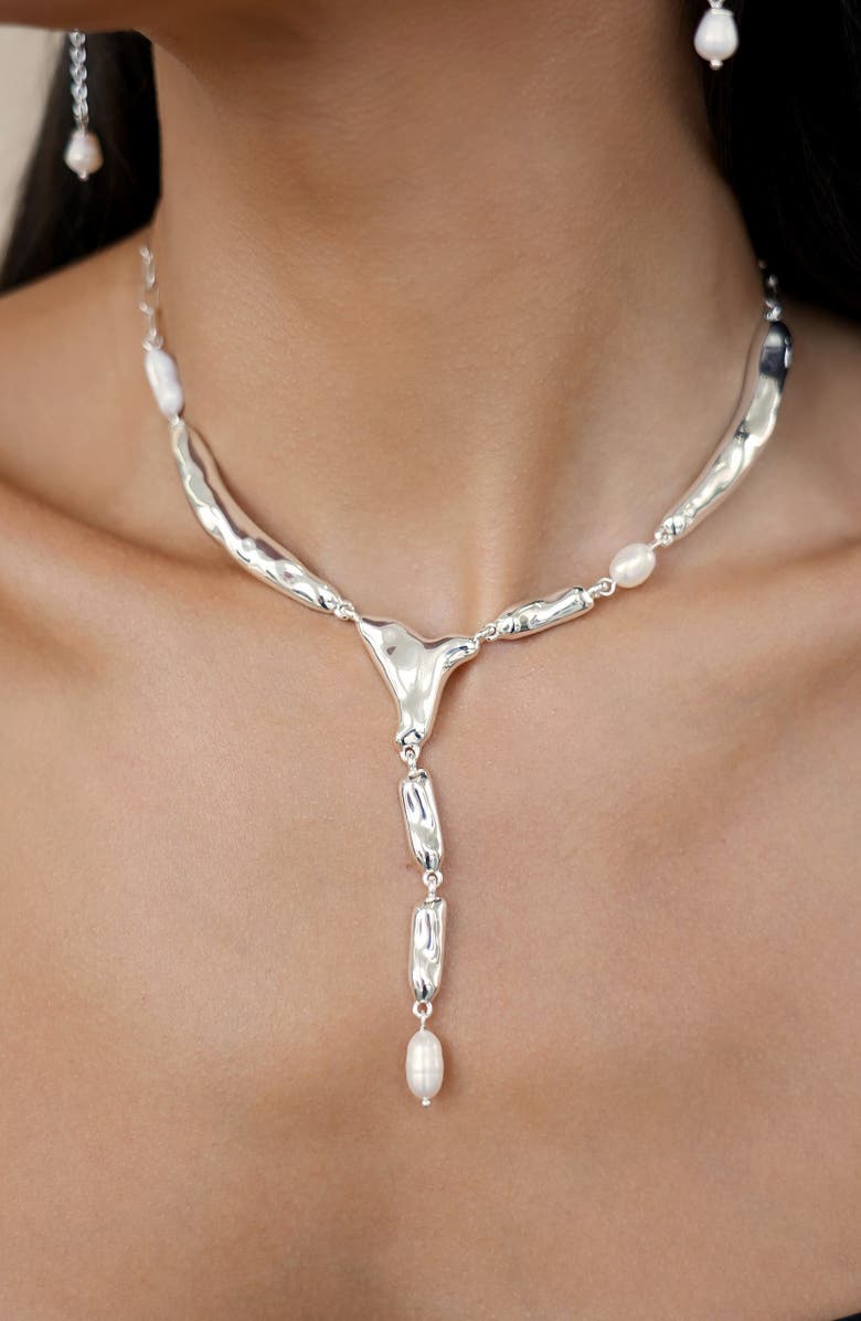 Ettika Freshwater Pearl Lariat Necklace, Alternate, color, Silver