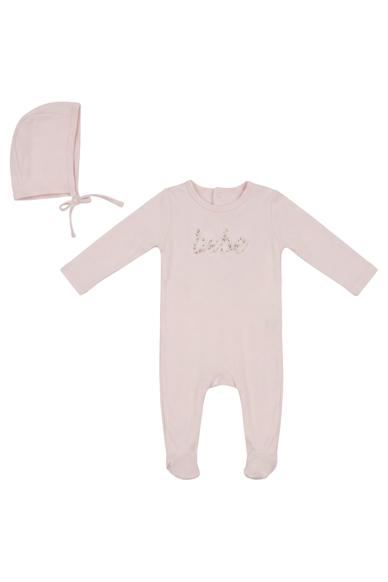 Embroidered Footed Romper Layette Set with Bonnet, Main, color, Powder Pink