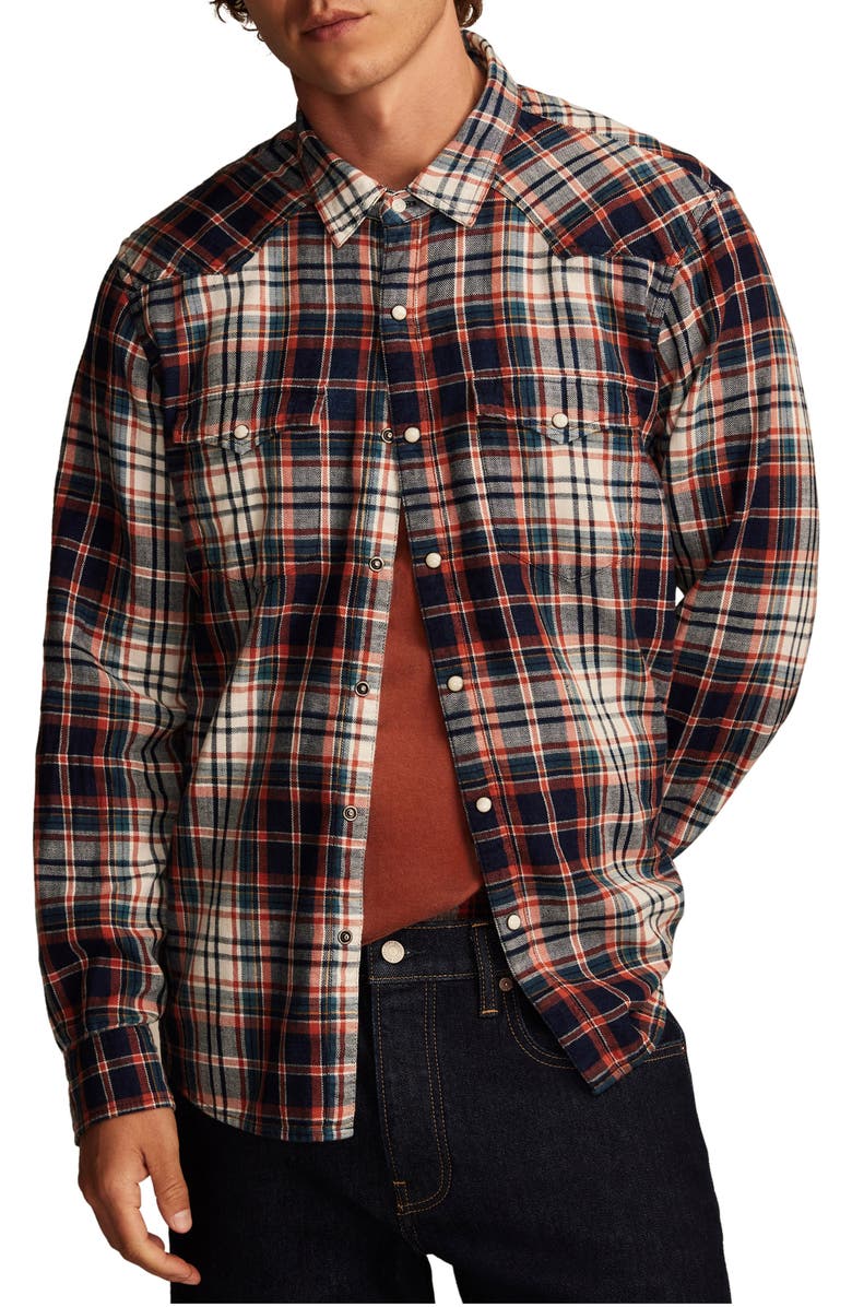 Lucky Brand Indigo Plaid Flannel Snap-Up Western Shirt, Main, color, Indigo Red Plaid