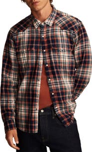 Lucky Brand Indigo Plaid Flannel Snap-Up Western Shirt