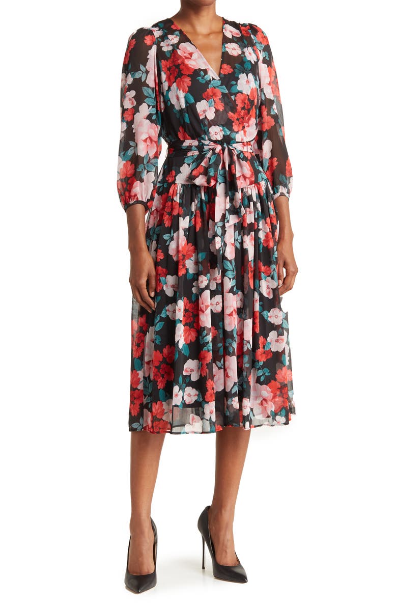 Calvin Klein Floral Faux Wrap Midi Dress, Main, color,