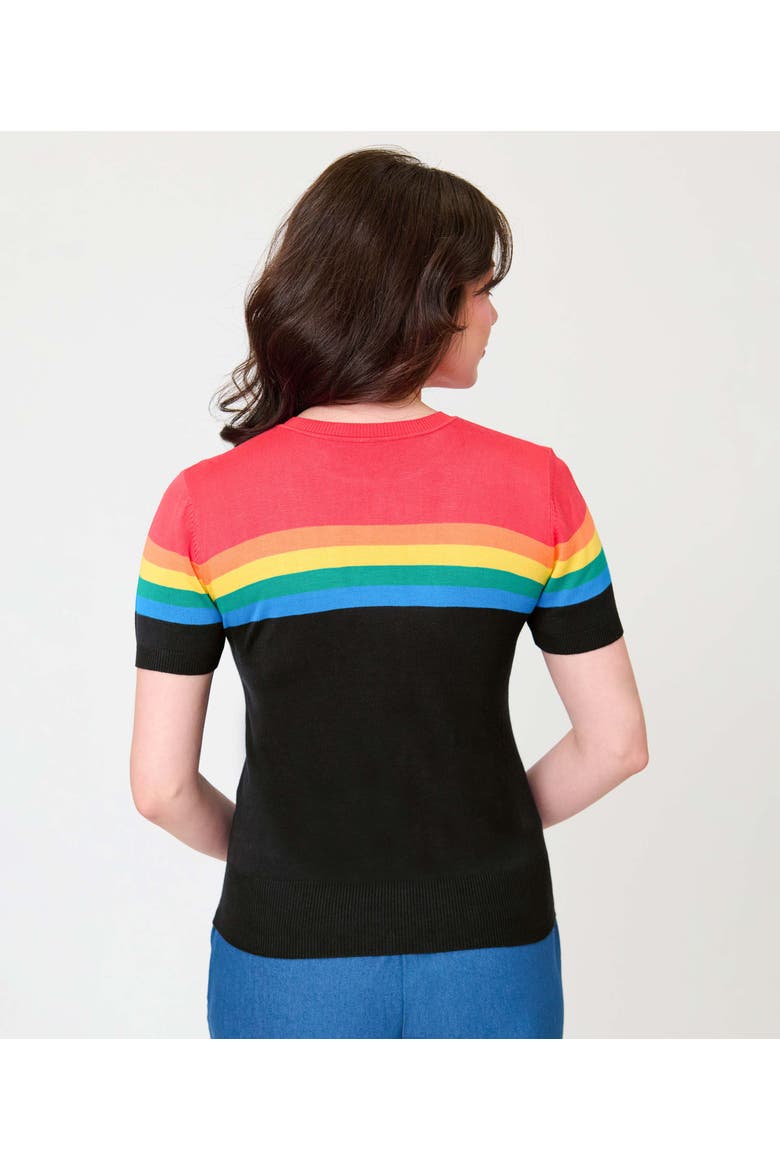 Patterned Short Sleeve Sweater, Alternate, color, Black Rainbow Mickey