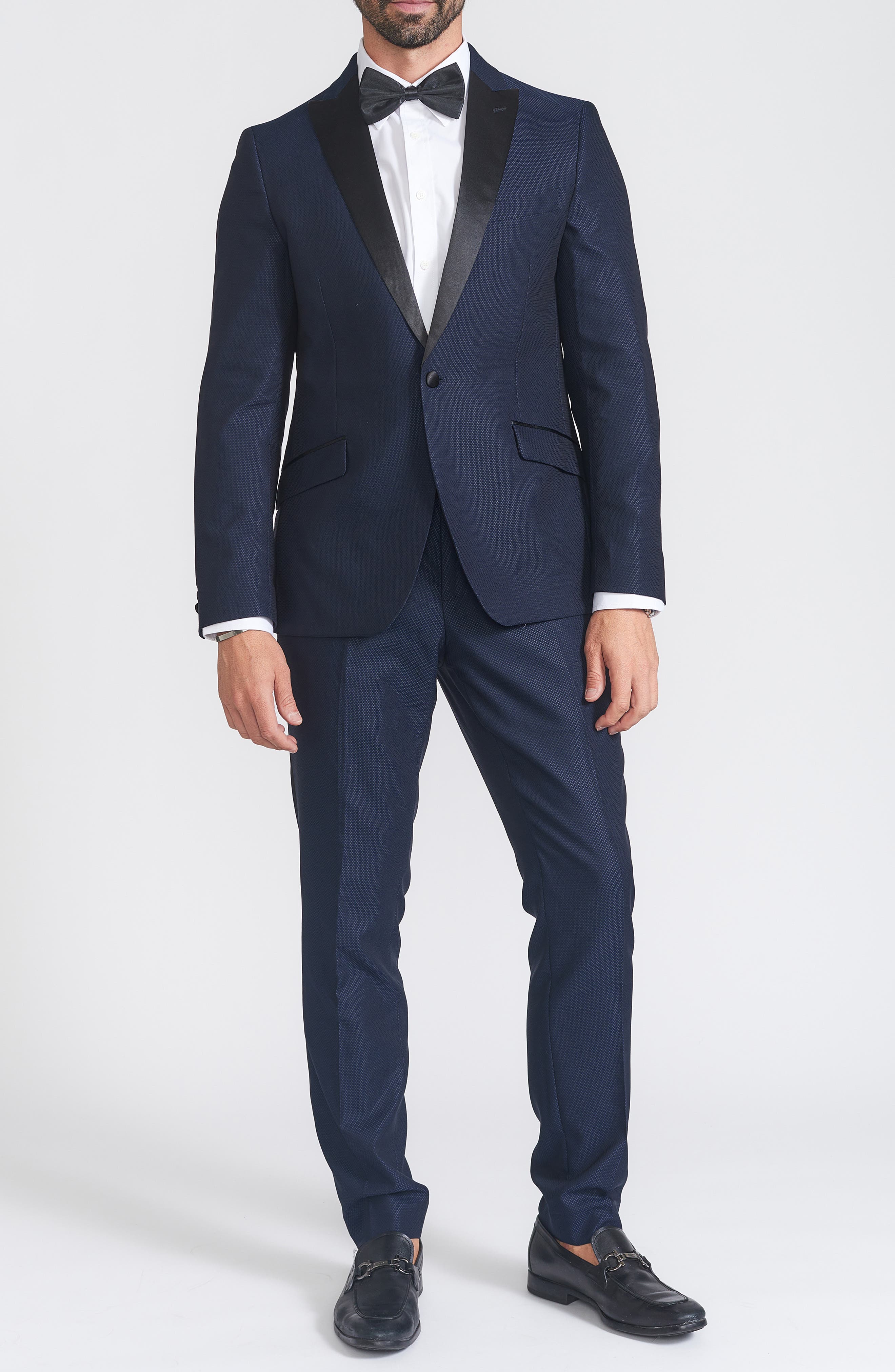 SAVILE ROW CO Slim Fit Navy Check Satin Lapel Tuxedo Suit
