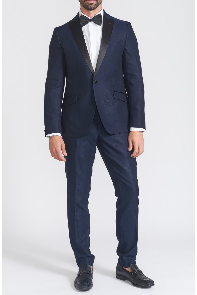 Slim Fit Navy Check Satin Lapel Tuxedo Suit, Main, color, NAVY