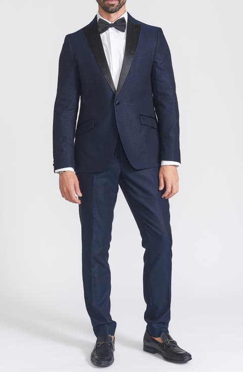 Slim Fit Navy Check Satin Lapel Tuxedo Suit