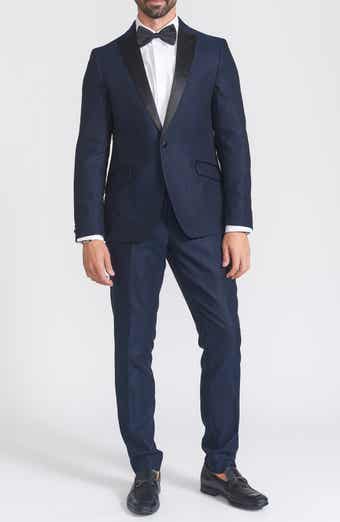 SAVILE ROW CO Slim Fit Navy Check Satin Lapel Tuxedo Suit