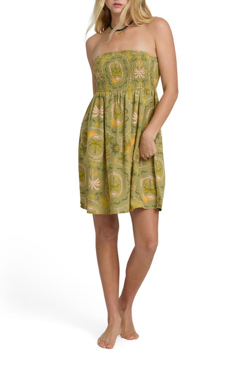 Tropical Haze Smocked Strapless Minidress