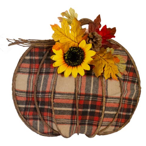 14" Orange and Brown Plaid Fall Harvest Pumpkin Wall Decor