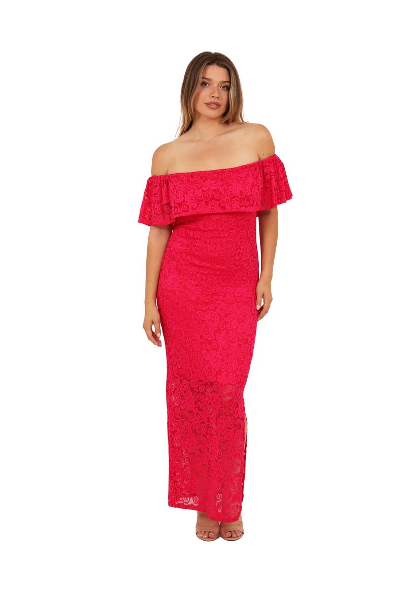 Womens Elevate Lace Off the Shoulder Side Slit Body-Con Maxi Dress, Main, color, Fuchsia