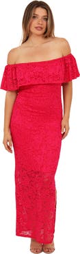 24seven Comfort Apparel Womens Elevate Lace Off the Shoulder Side Slit Body-Con Maxi Dress