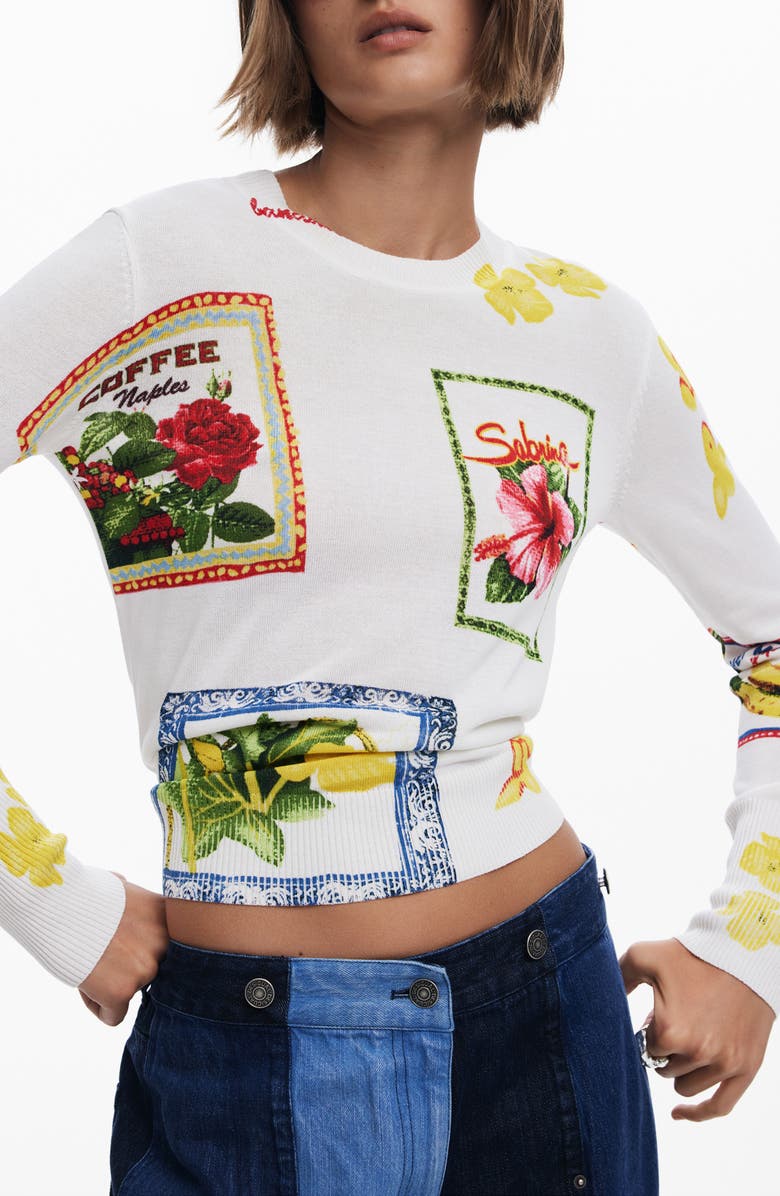 Desigual Floral Crewneck Sweater, Alternate, color, Light Beige