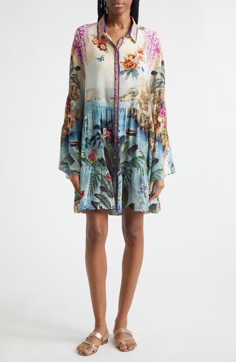 Bodrum Botanicals Print Long Sleeve Tiered Silk Shirtdress