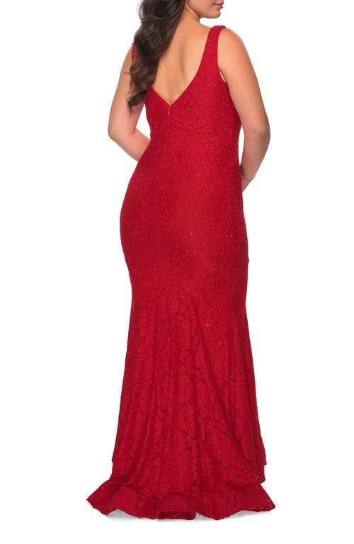 La Femme Stretch Lace Plus Size Gown With Beading In Red