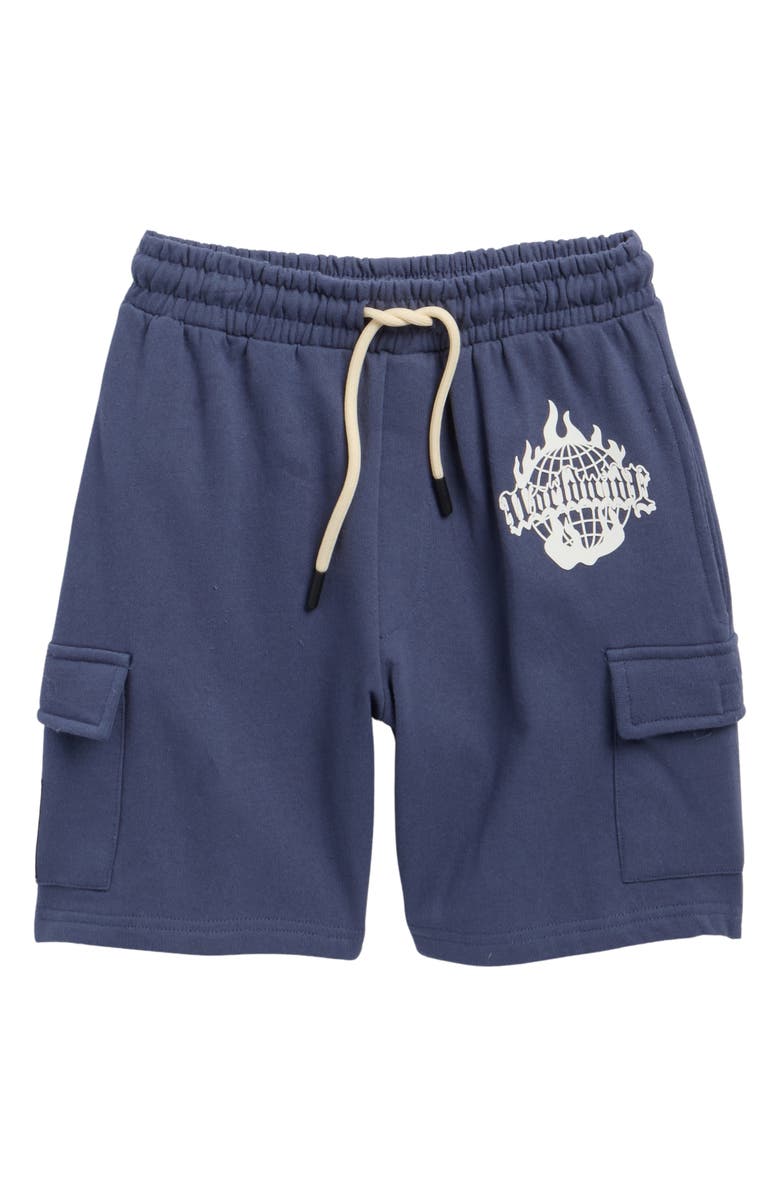 Fly By Night Kids' Gideon Fleece Cargo Shorts, Main, color, Vintage Indigo/ Worldwide