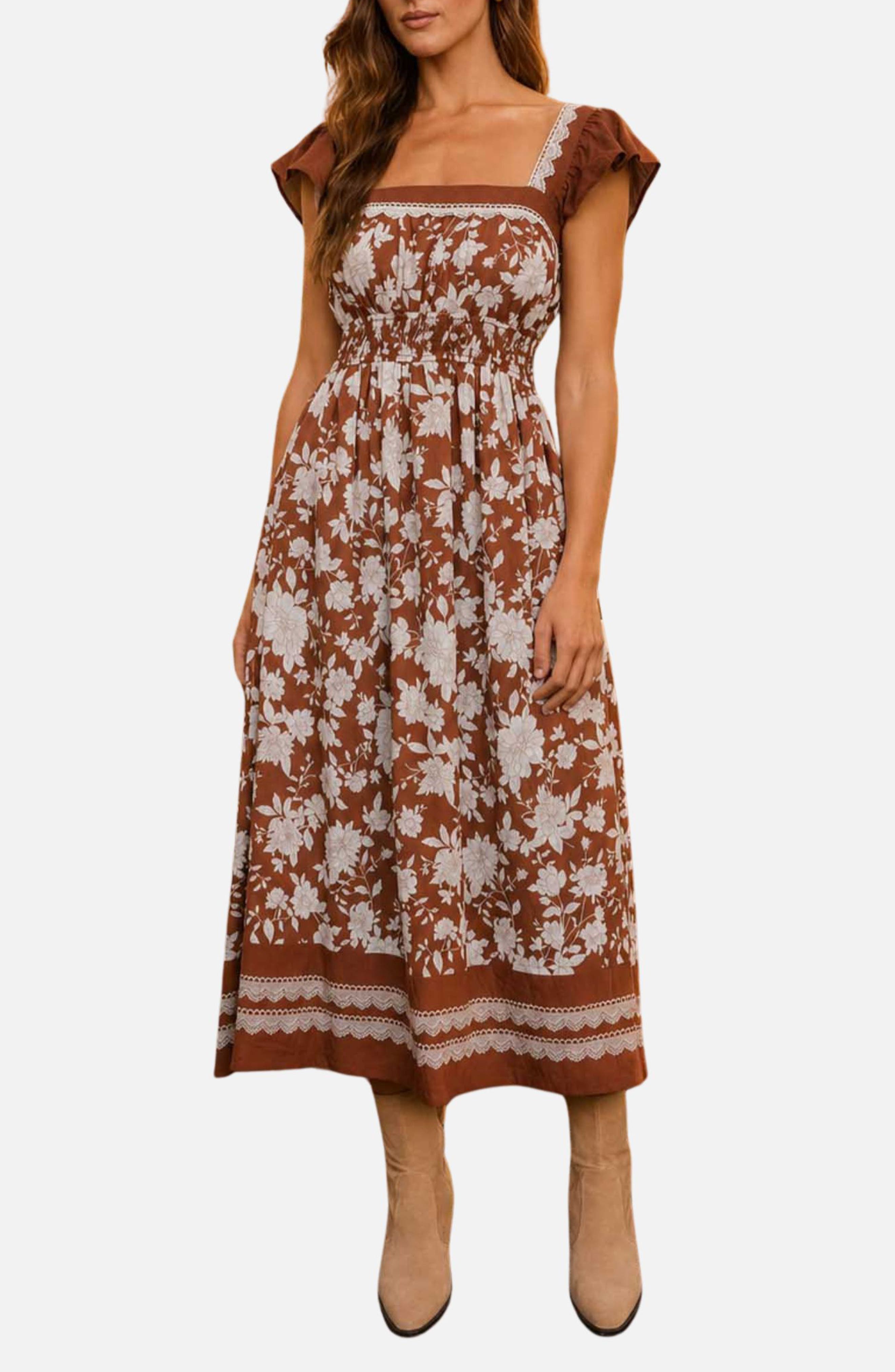 Floral Flutter Sleeve Midi Dress