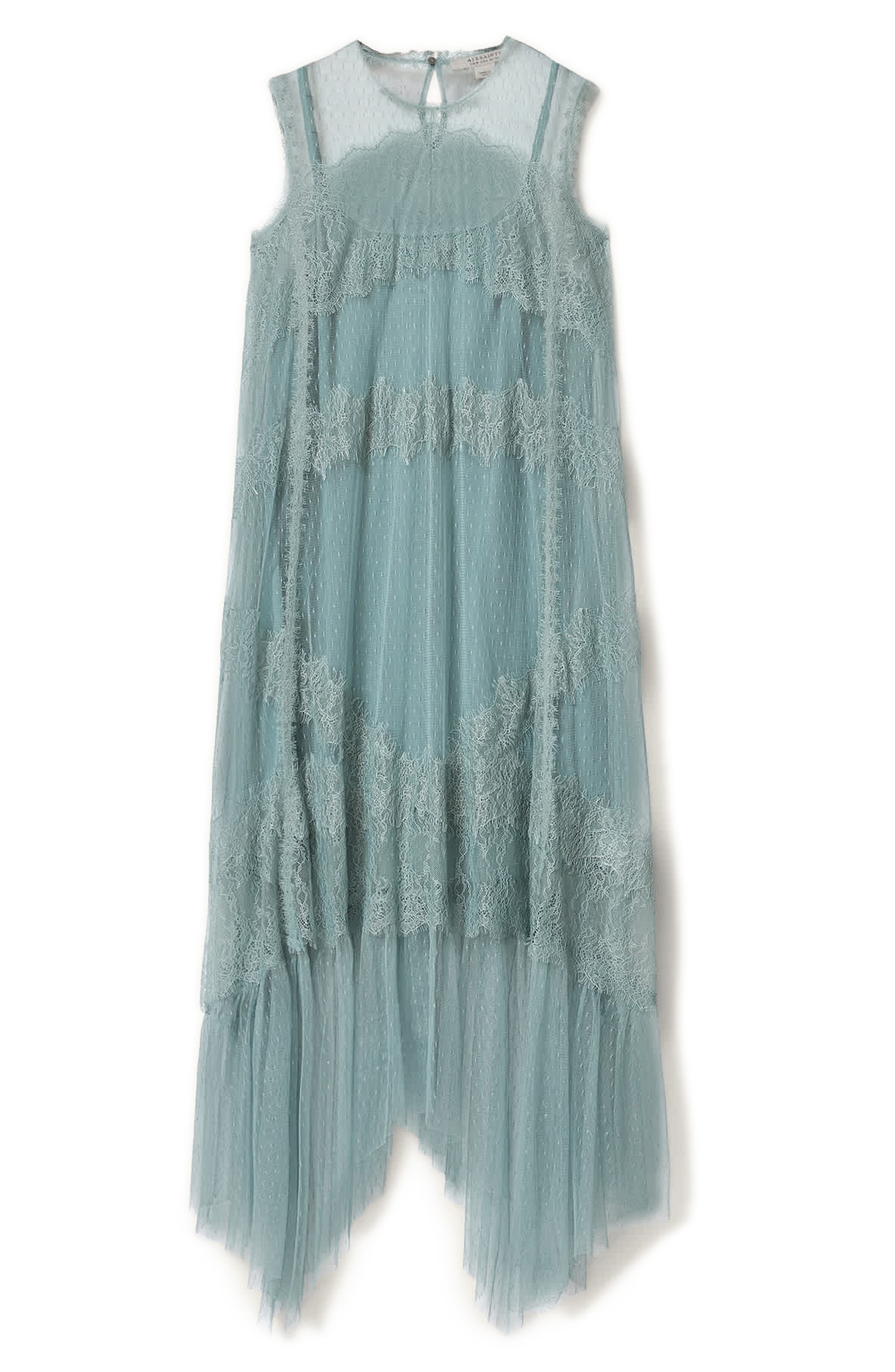 AllSaints Clara Sheer Lace Sleeveless Handkerchief Hem Dress (Women ...