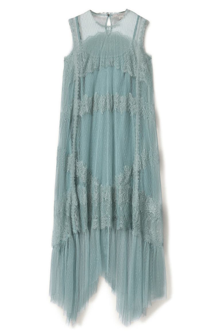 Clara Sheer Lace Sleeveless Handkerchief Hem Dress, Alternate, color, DUSTY BLUE