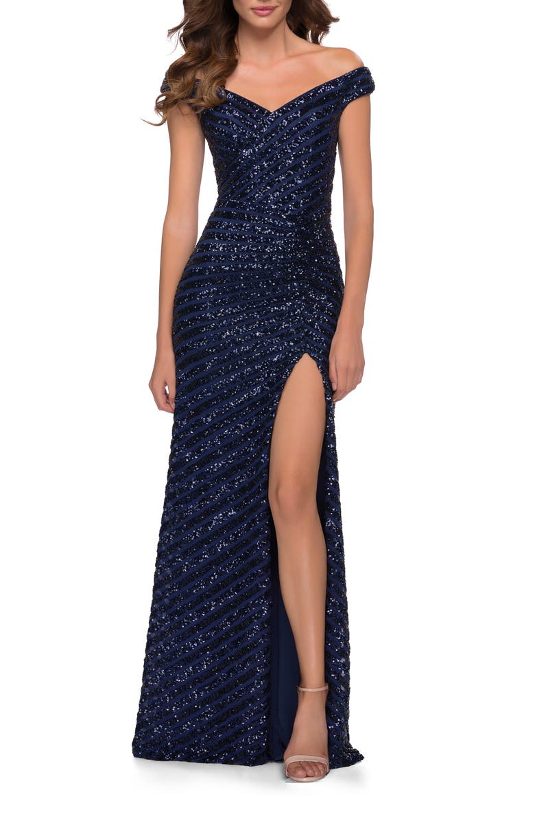 La Femme Off the Shoulder Sequin Long Dress with Skirt Slit, Main, color, Navy