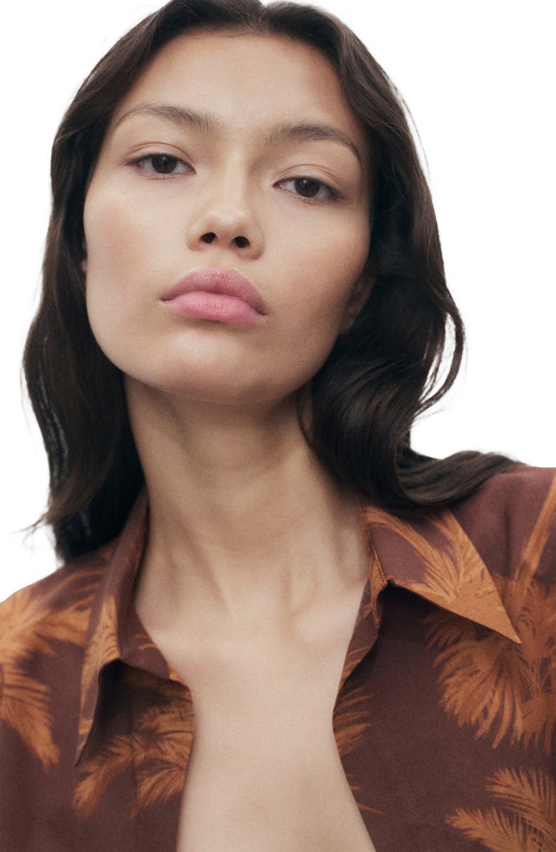 MANGO Palm Print Cotton Button-Up Shirt, Alternate, color, Brown