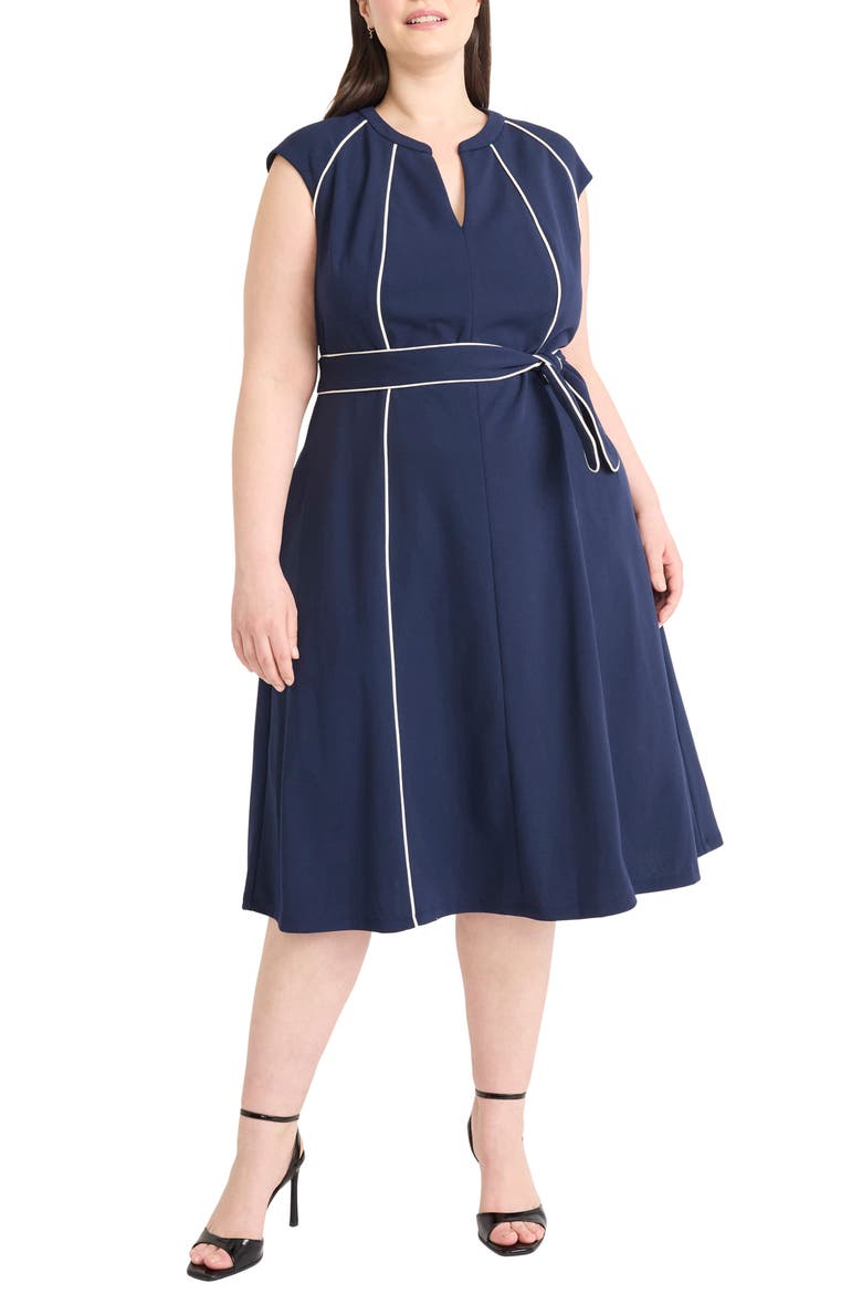 Contrast Piping Belted Midi Dress, Main, color, NAVY BLAZER