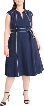 Maggy London Contrast Piping Belted Midi Dress