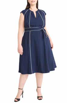 Maggy London Contrast Piping Belted Midi Dress