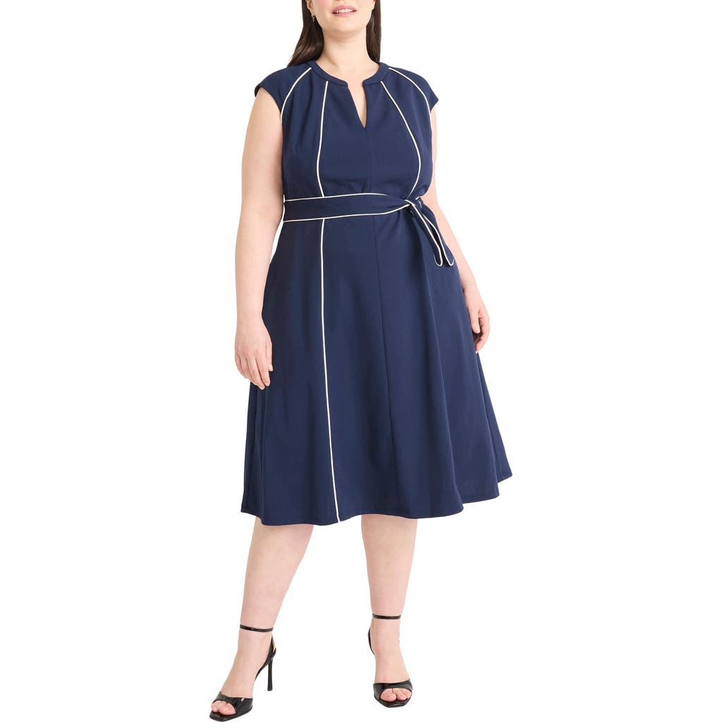 Maggy London Contrast Piping Belted Midi Dress in Navy Blazer  product