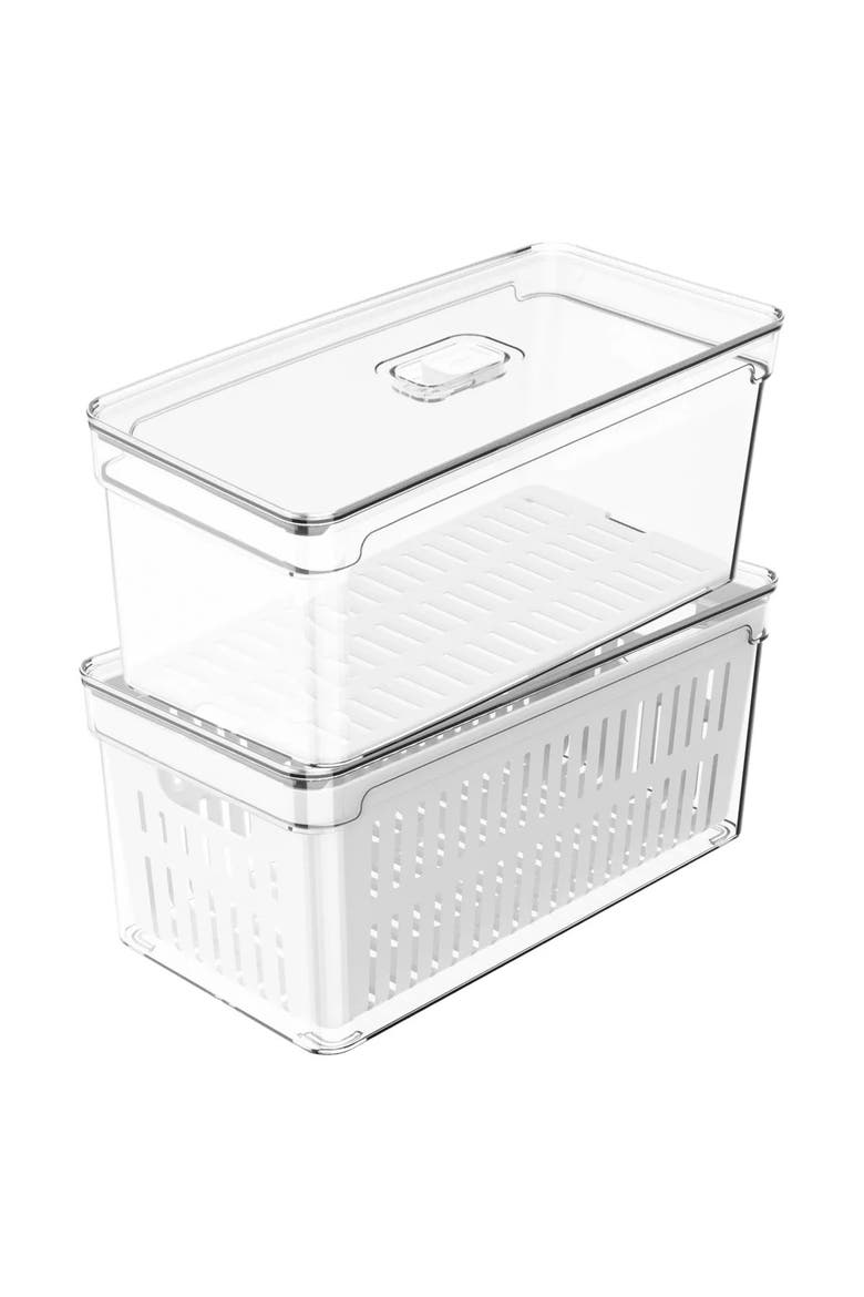 Clear Stackable Fridge Organizer Bins with Drain Tray, Basket and Vented Lid, 2 Pack, Main, color, Clear with White Drainer