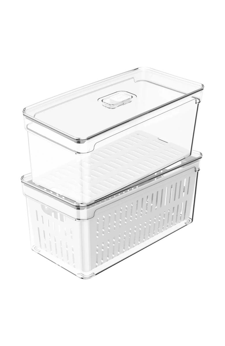 OU Clear Stackable Fridge Organizer Bins with Drain Tray, Basket and Vented Lid, 2 Pack, Main, color, Clear With White Drainer