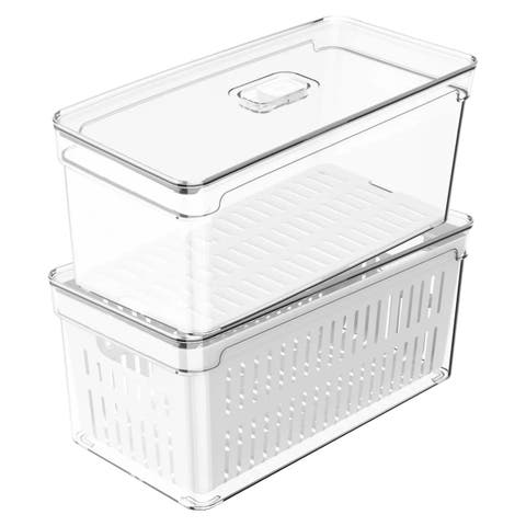 Clear Stackable Fridge Organizer Bins with Drain Tray, Basket and Vented Lid, 2 Pack (5.3 Quart Each)
