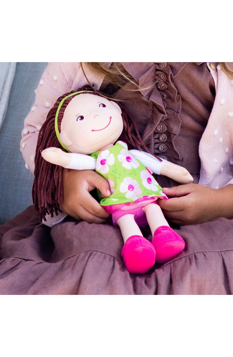 HABA Coco 12" Soft Baby Doll with Brown Hair, Embroidered Face, Removable Green Dress, Matching Headband - Machine Washable Toddler Doll - 18 Months+, Alternate, color, Green Multi