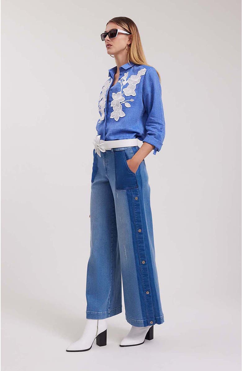 Anne Fontaine Women's Shirt  Citron Blue Linen Shirt With White Floral Applique, Alternate, color, Denim Blue