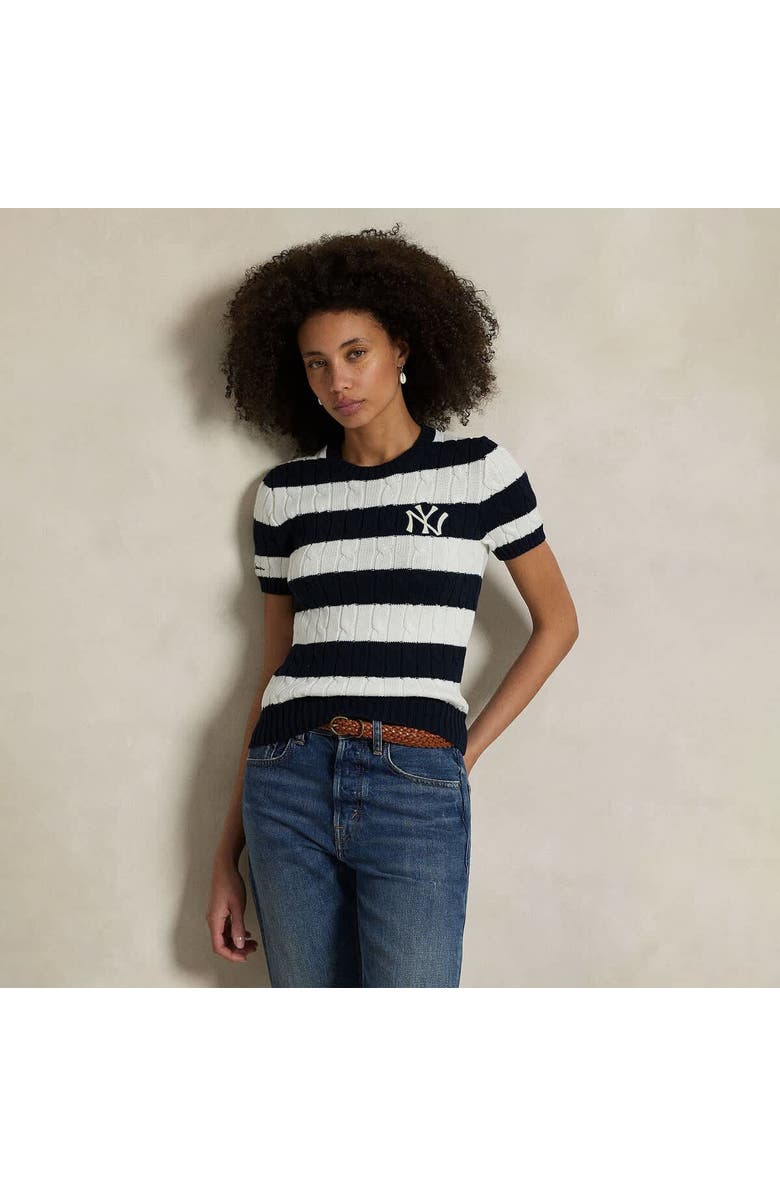 Polo Ralph Lauren Navy/White Yankees  Short Sleeve Cable Knit Sweater, Alternate, color, 