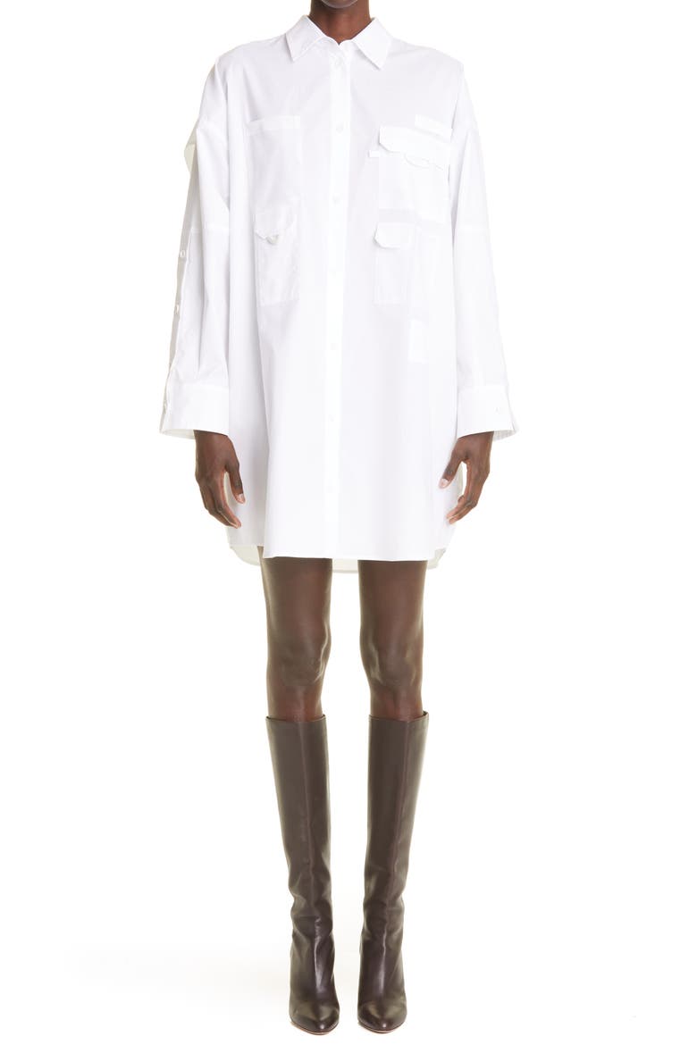 Boxy Pocket Long Sleeve Cotton Poplin Shirtdress, Main, color, F0ZNM WHITE