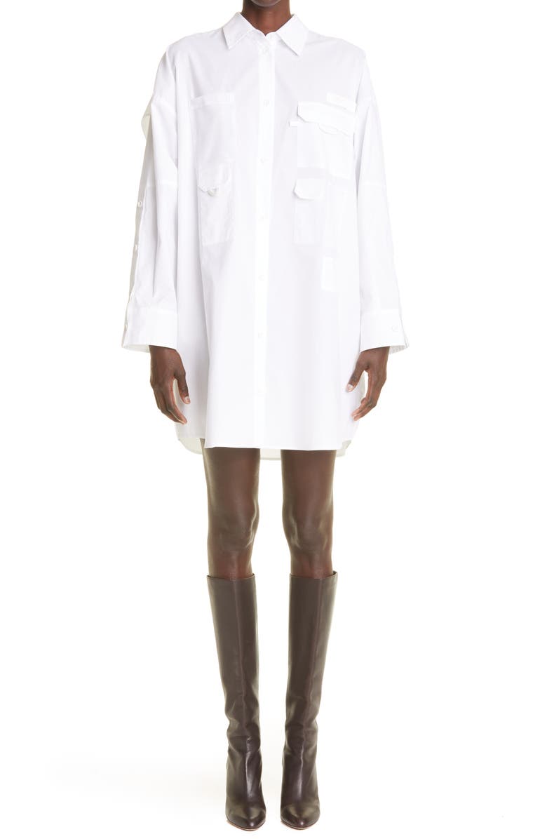 Fendi Boxy Pocket Long Sleeve Cotton Poplin Shirtdress, Main, color, 